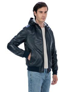 JOHN Giubbotto Bomber con cappuccio da uomo in vera pelle blu
