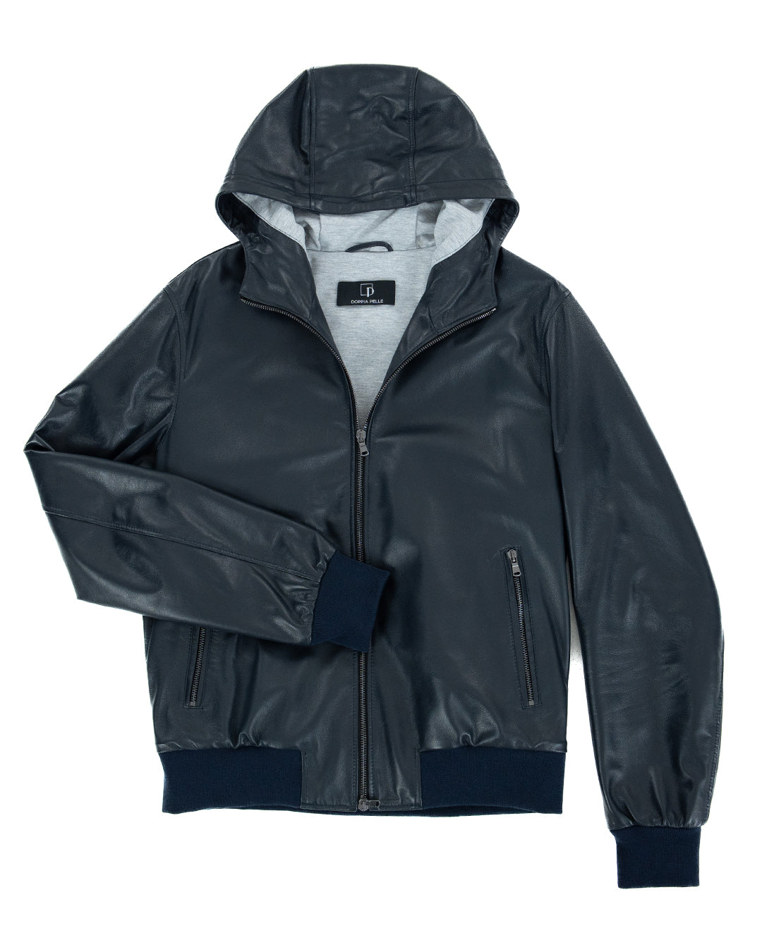 JOHN Giubbotto Bomber con cappuccio da uomo in vera pelle blu