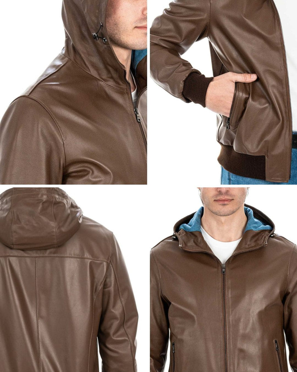 JOHN Giubbotto Bomber con cappuccio da uomo in vera pelle cuoio