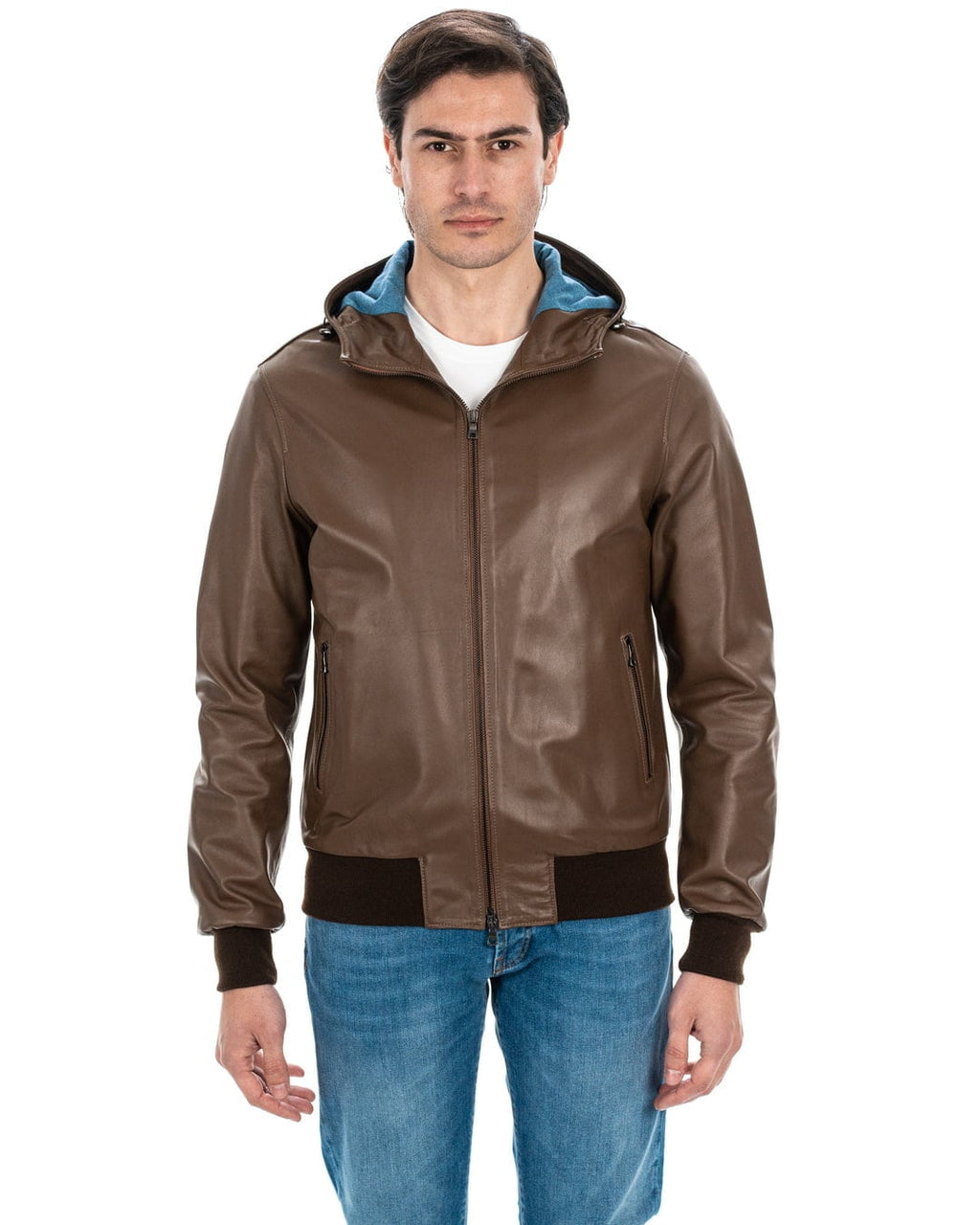 Giubbotto Bomber con cappuccio da uomo in vera pelle cuoio