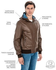JOHN Giubbotto Bomber con cappuccio da uomo in vera pelle cuoio