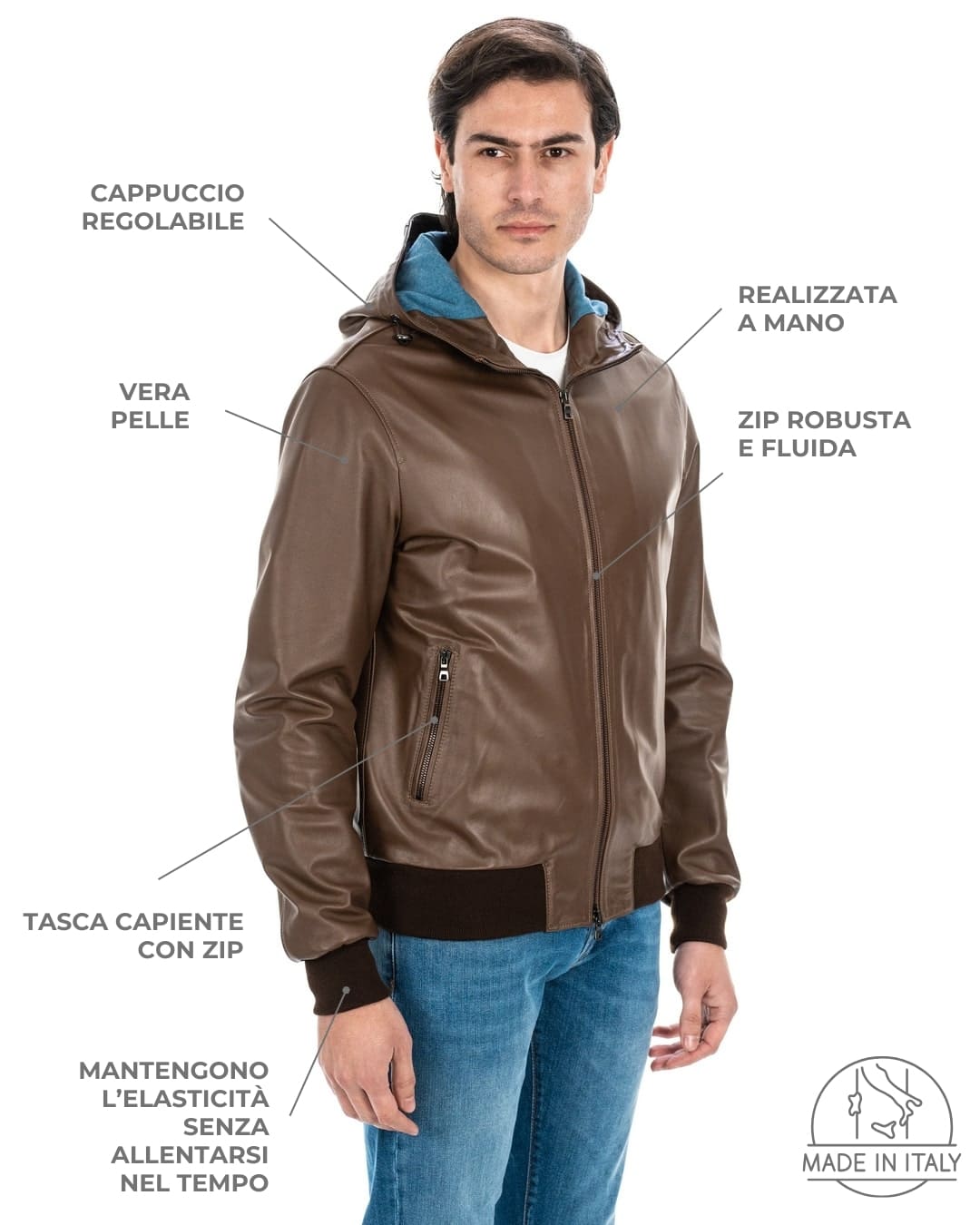JOHN Giubbotto Bomber con cappuccio da uomo in vera pelle cuoio