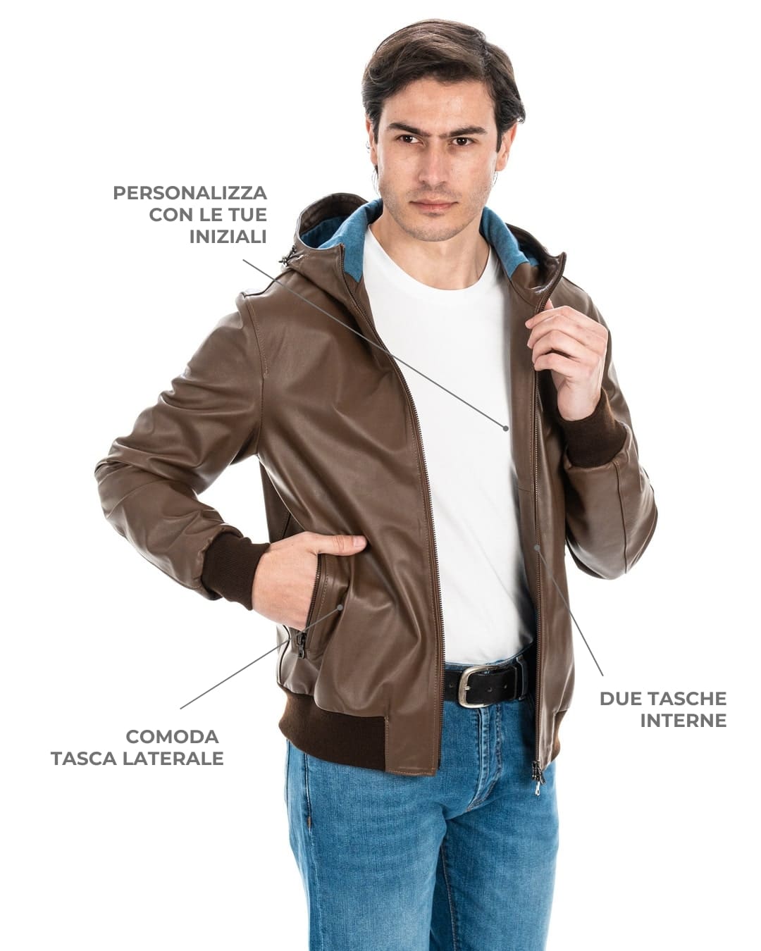 JOHN Giubbotto Bomber con cappuccio da uomo in vera pelle cuoio