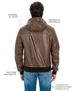 JOHN Giubbotto Bomber con cappuccio da uomo in vera pelle cuoio