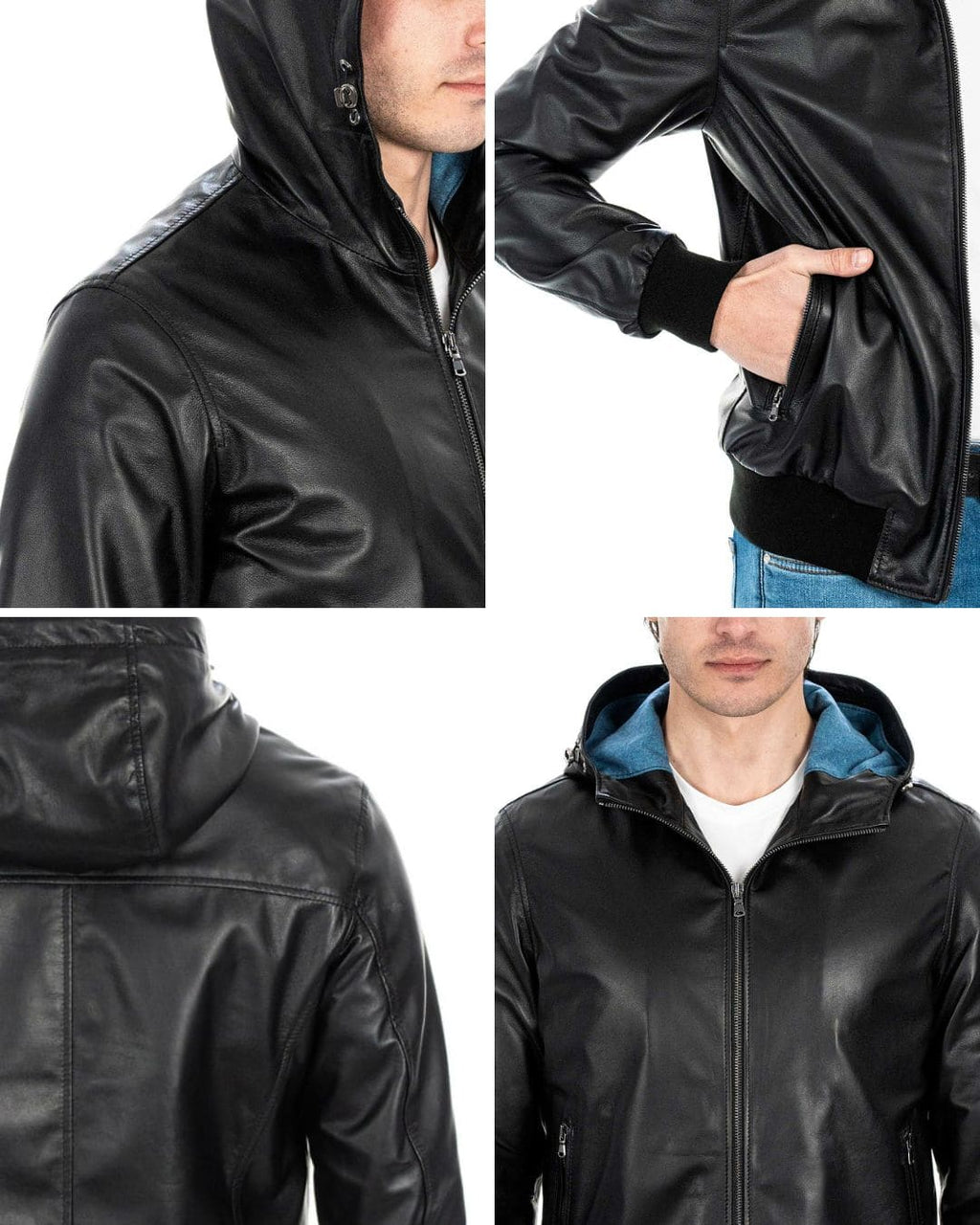 JOHN Giubbotto Bomber con cappuccio da uomo in vera pelle nero