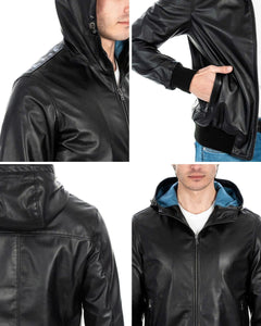 JOHN Giubbotto Bomber con cappuccio da uomo in vera pelle nero