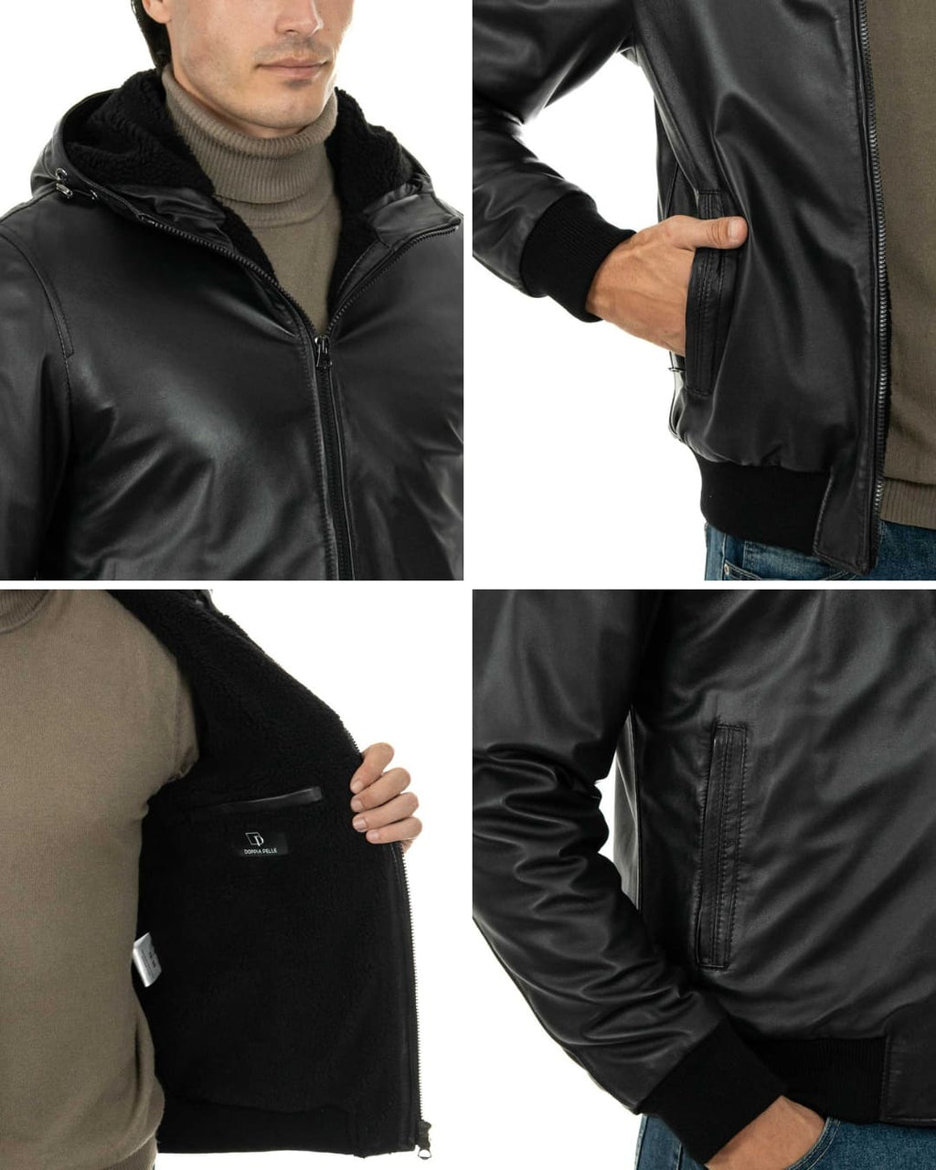 JOHN SH Giubbotto Bomber con cappuccio da uomo in vera pelle nero imbottito
