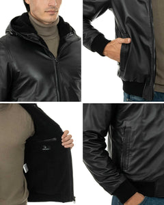 JOHN SH Giubbotto Bomber con cappuccio da uomo in vera pelle nero imbottito