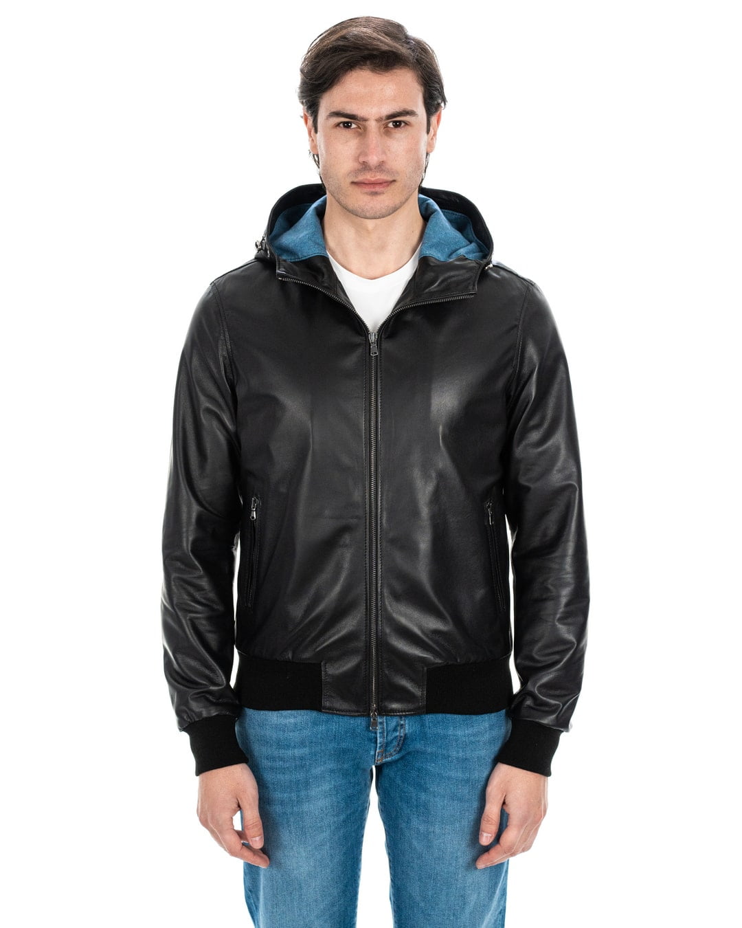 Giubbotto Bomber con cappuccio da uomo in vera pelle nero