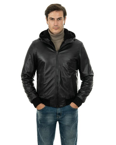 Giubbotto Bomber con cappuccio da uomo in vera pelle nero imbottito