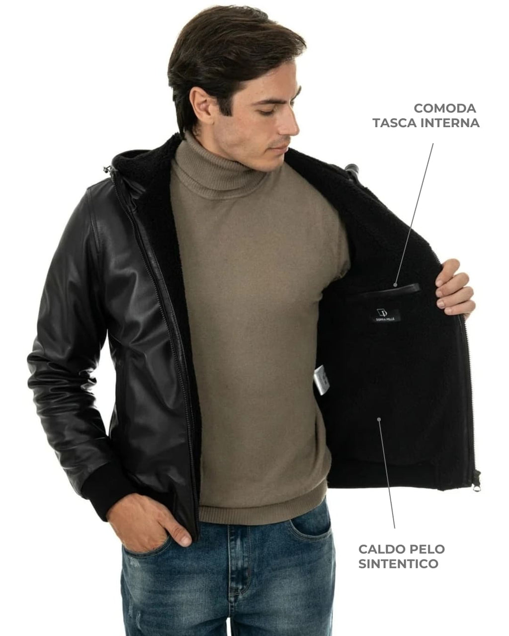 JOHN SH Giubbotto Bomber con cappuccio da uomo in vera pelle nero imbottito