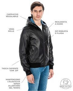 JOHN Giubbotto Bomber con cappuccio da uomo in vera pelle nero