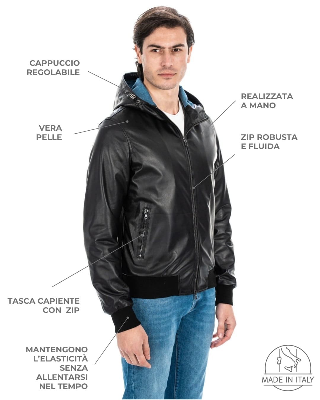 JOHN Giubbotto Bomber con cappuccio da uomo in vera pelle nero