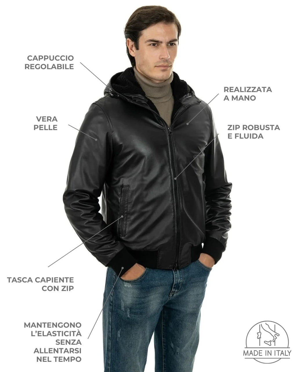 JOHN SH Giubbotto Bomber con cappuccio da uomo in vera pelle nero imbottito