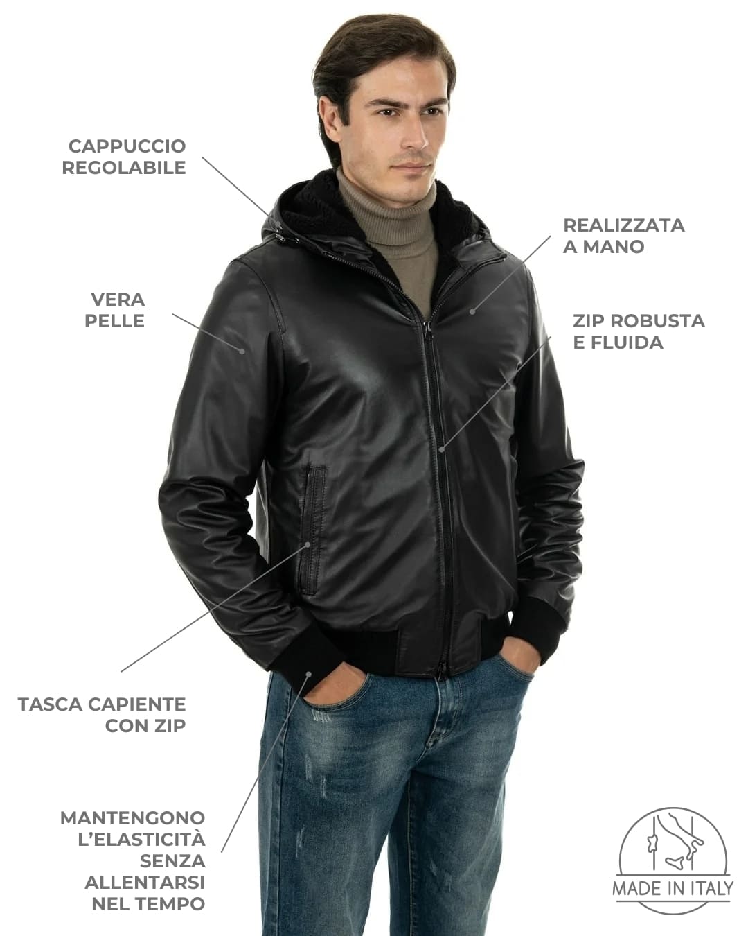 JOHN SH Giubbotto Bomber con cappuccio da uomo in vera pelle nero imbottito
