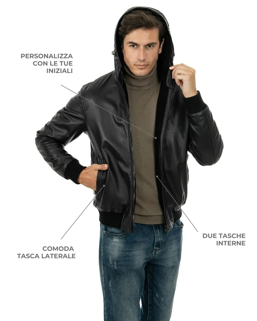 JOHN SH Giubbotto Bomber con cappuccio da uomo in vera pelle nero imbottito