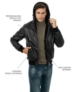 JOHN SH Giubbotto Bomber con cappuccio da uomo in vera pelle nero imbottito