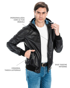 JOHN Giubbotto Bomber con cappuccio da uomo in vera pelle nero