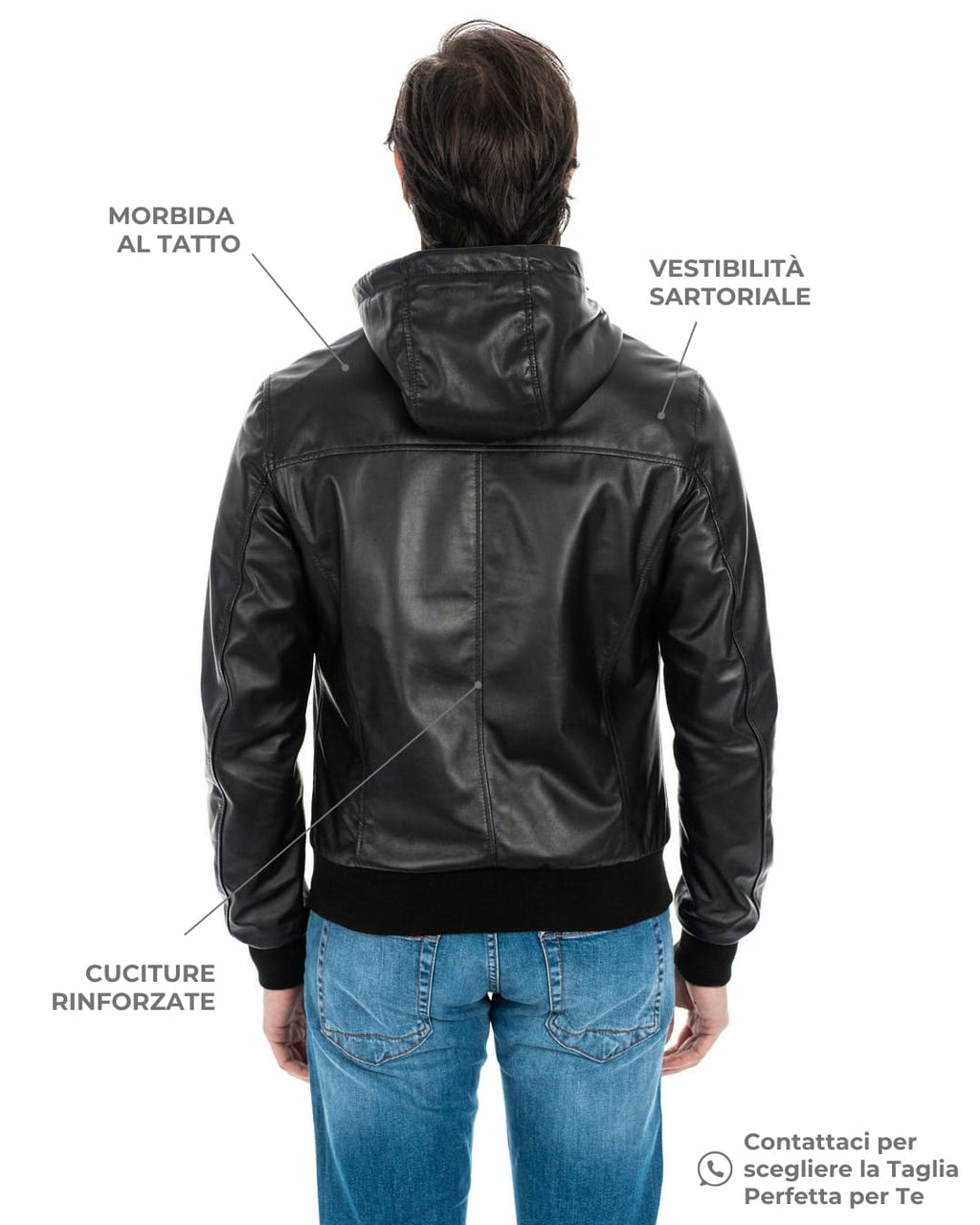 JOHN Giubbotto Bomber con cappuccio da uomo in vera pelle nero