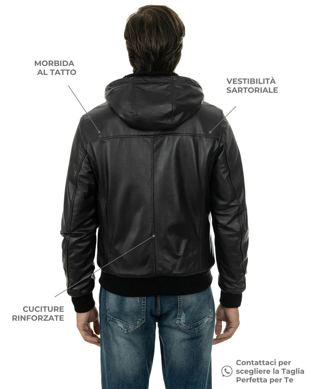 JOHN SH Giubbotto Bomber con cappuccio da uomo in vera pelle nero imbottito