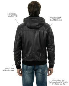 JOHN SH Giubbotto Bomber con cappuccio da uomo in vera pelle nero imbottito