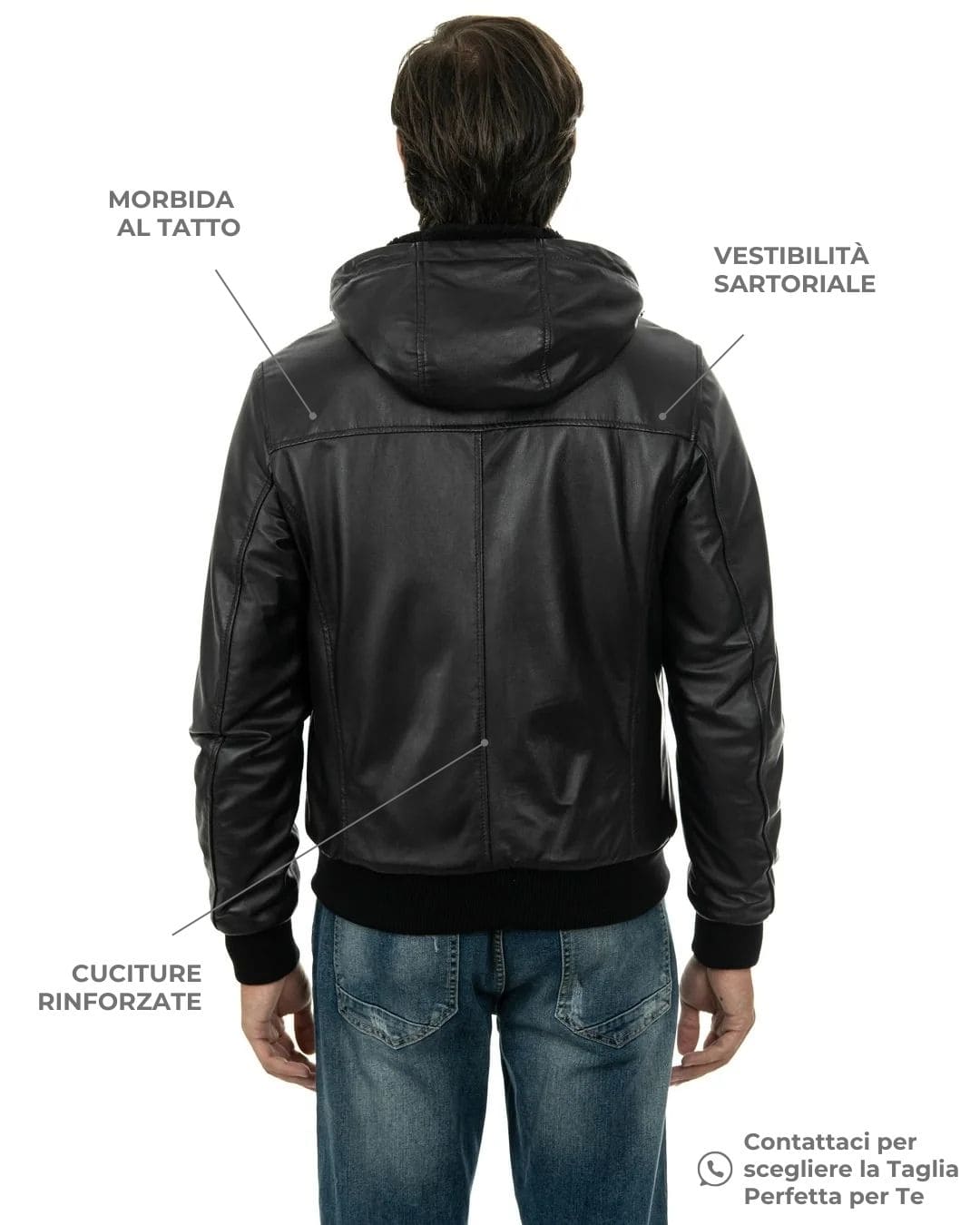 JOHN SH Giubbotto Bomber con cappuccio da uomo in vera pelle nero imbottito