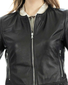 AMBRA Giacca da donna in vera pelle nero con rouche
