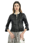 Giacca da donna in vera pelle nero con rouche