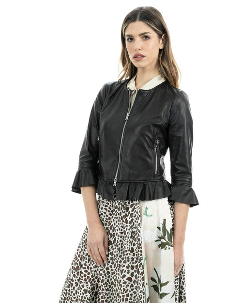 AMBRA Giacca da donna in vera pelle nero con rouche