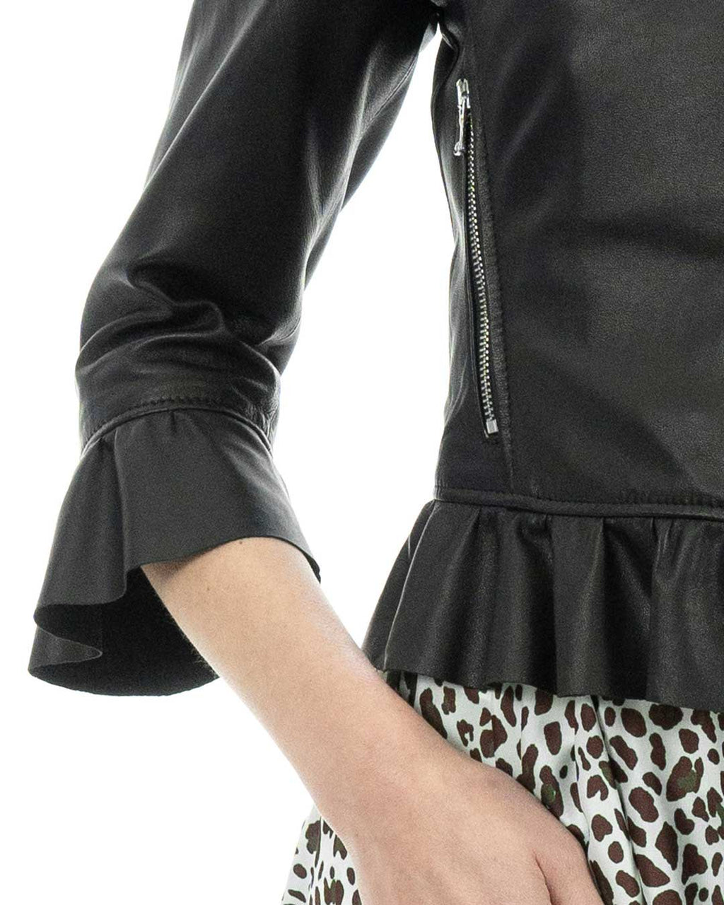 AMBRA Giacca da donna in vera pelle nero con rouche
