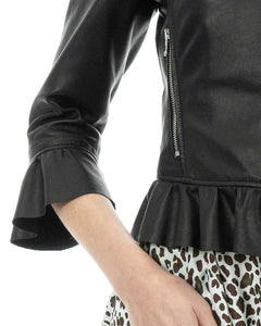 AMBRA Giacca da donna in vera pelle nero con rouche