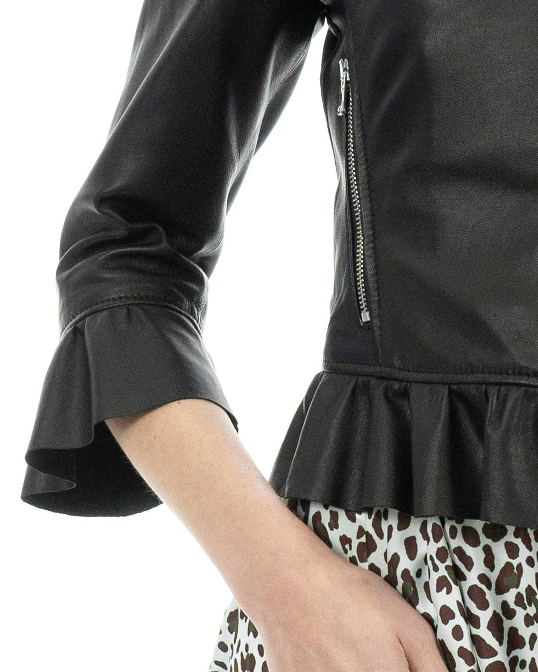 AMBRA Giacca da donna in vera pelle nero con rouche