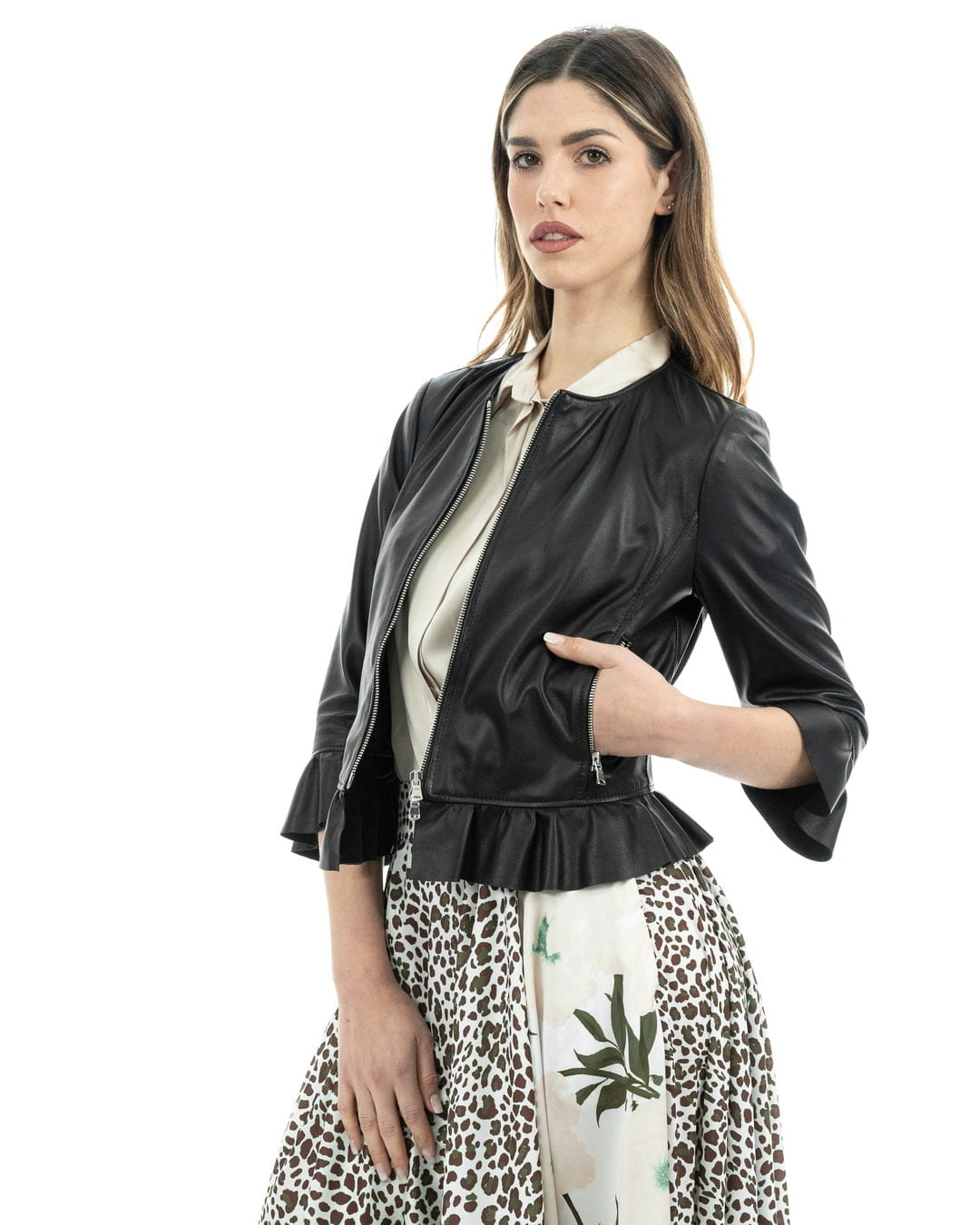AMBRA Giacca da donna in vera pelle nero con rouche