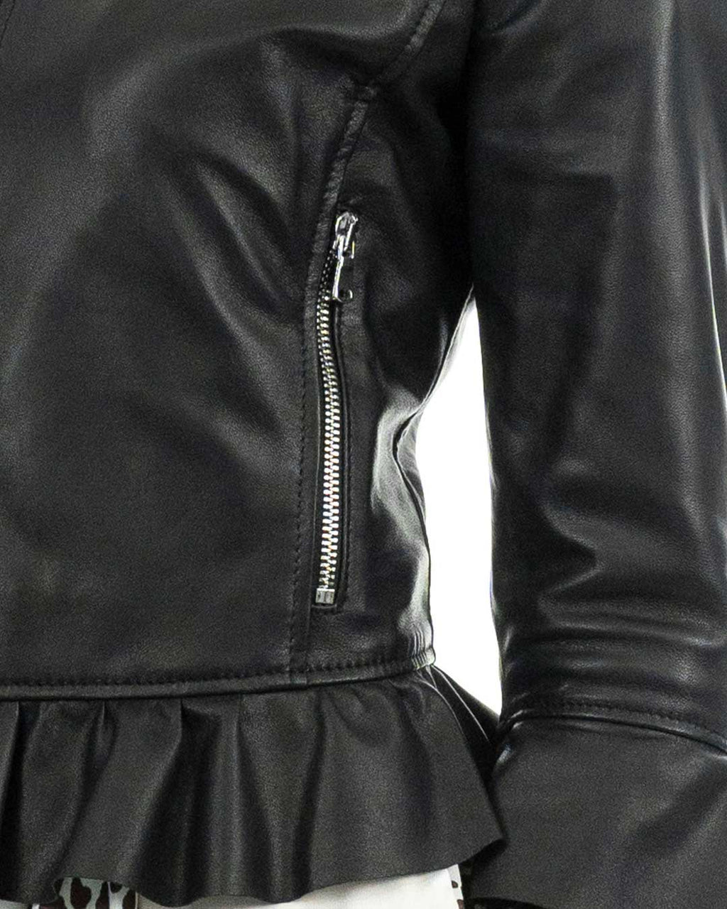 AMBRA Giacca da donna in vera pelle nero con rouche