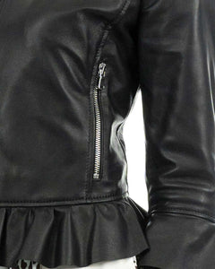 AMBRA Giacca da donna in vera pelle nero con rouche