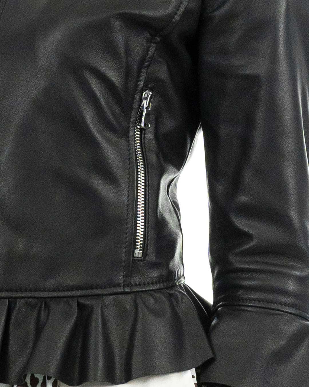 AMBRA Giacca da donna in vera pelle nero con rouche