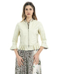 Giacca da donna in vera pelle panna con rouche