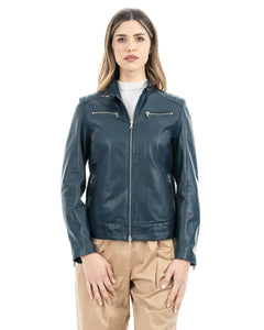 Giacca Biker da donna in vera pelle blu