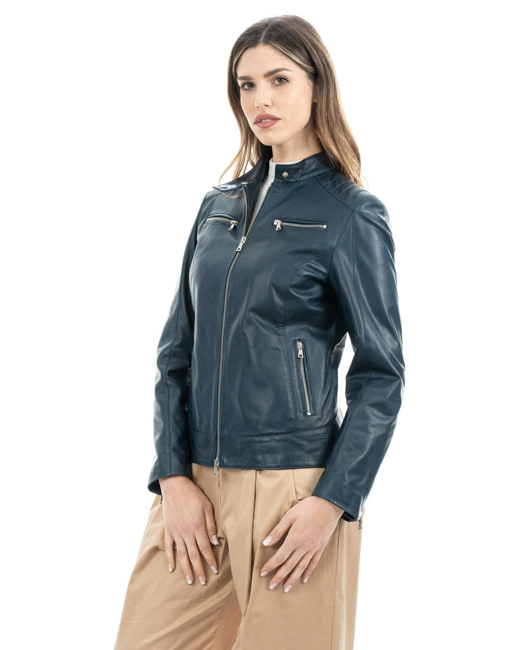 ILARY Giacca Biker da donna in vera pelle blu