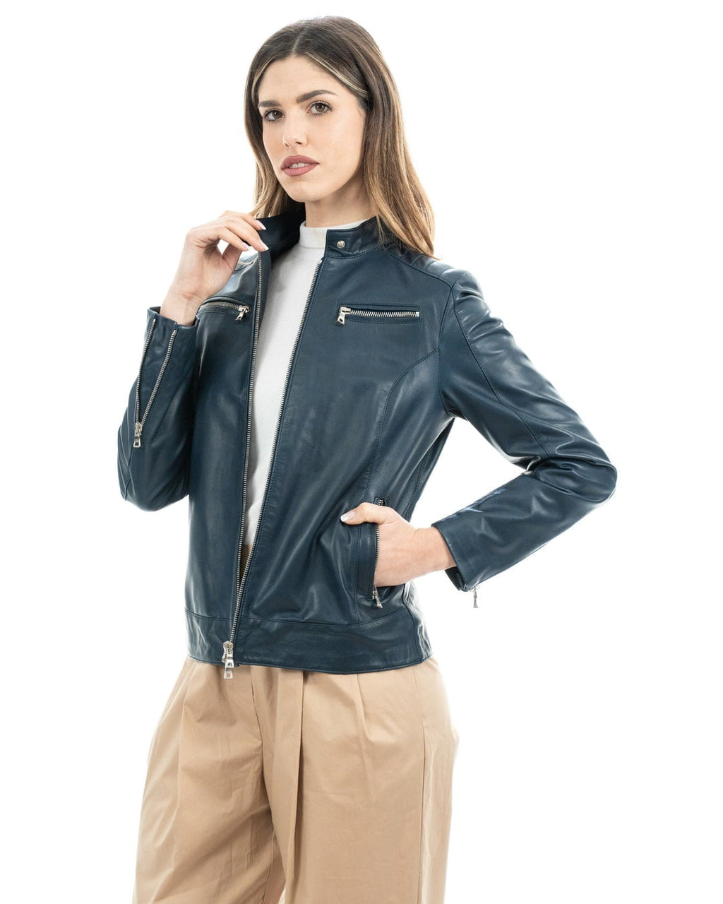 ILARY Giacca Biker da donna in vera pelle blu
