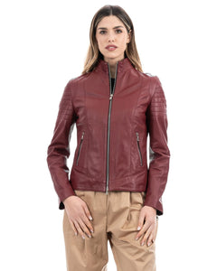 Giacca Biker da donna in vera pelle bordeaux