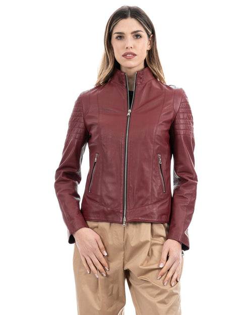 Giacca Biker da donna in vera pelle bordeaux
