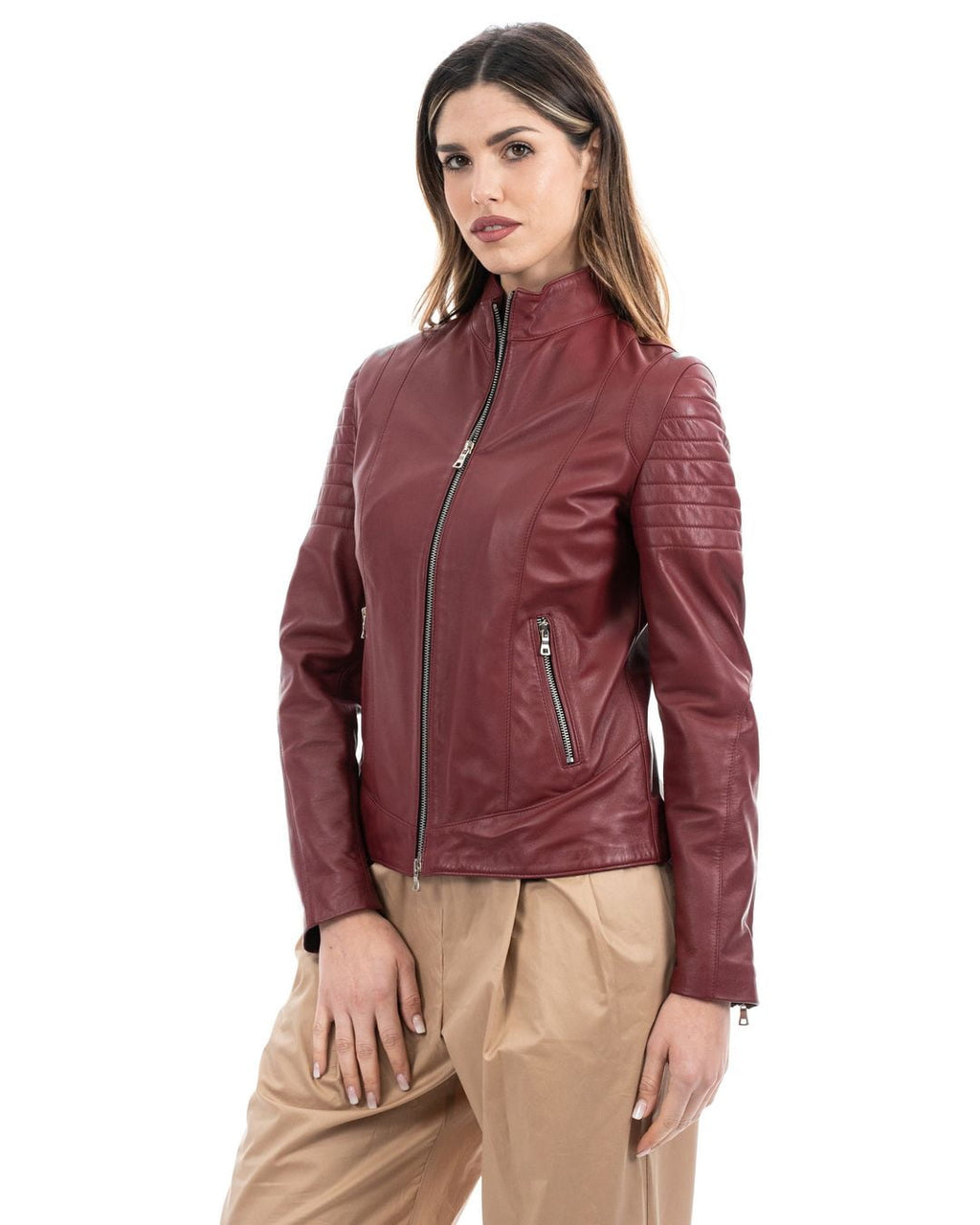 CLOE Giacca Biker da donna in vera pelle bordeaux