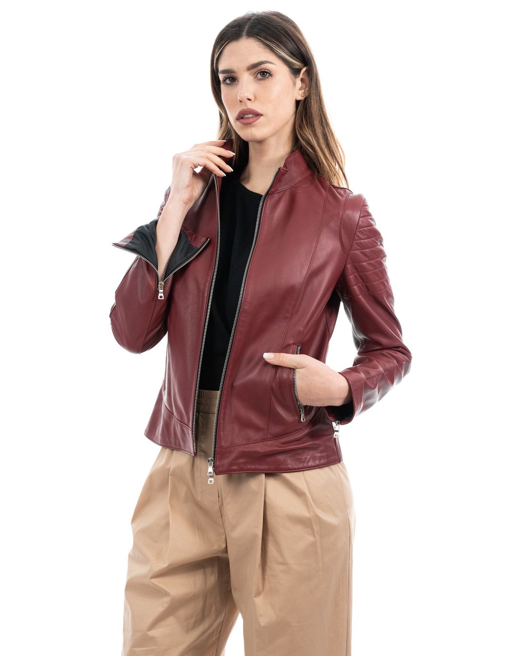 CLOE Giacca Biker da donna in vera pelle bordeaux