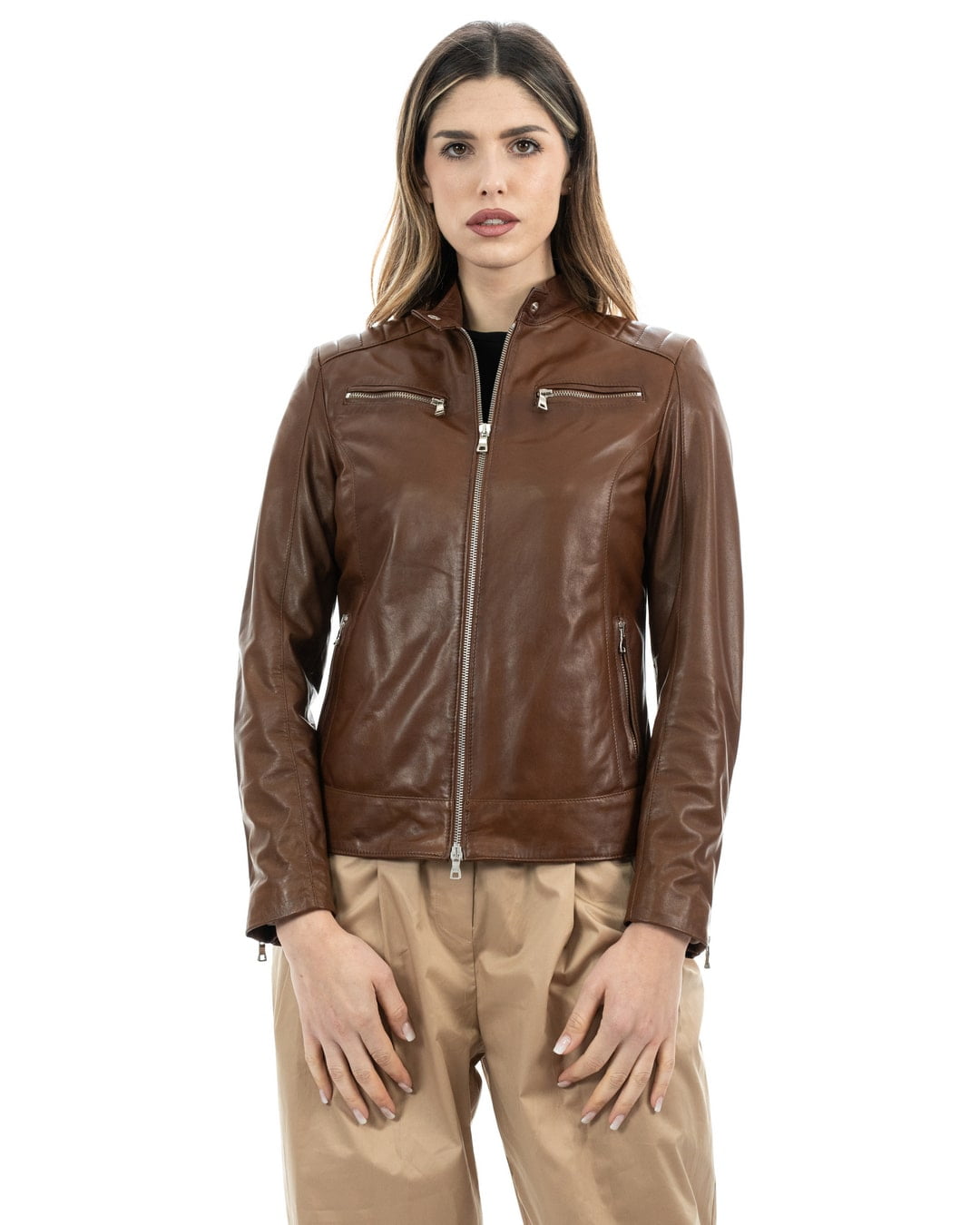 Giacca Biker da donna in vera pelle cuoio
