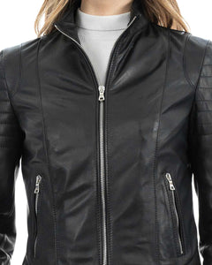 CLOE Giacca Biker da donna in vera pelle nero