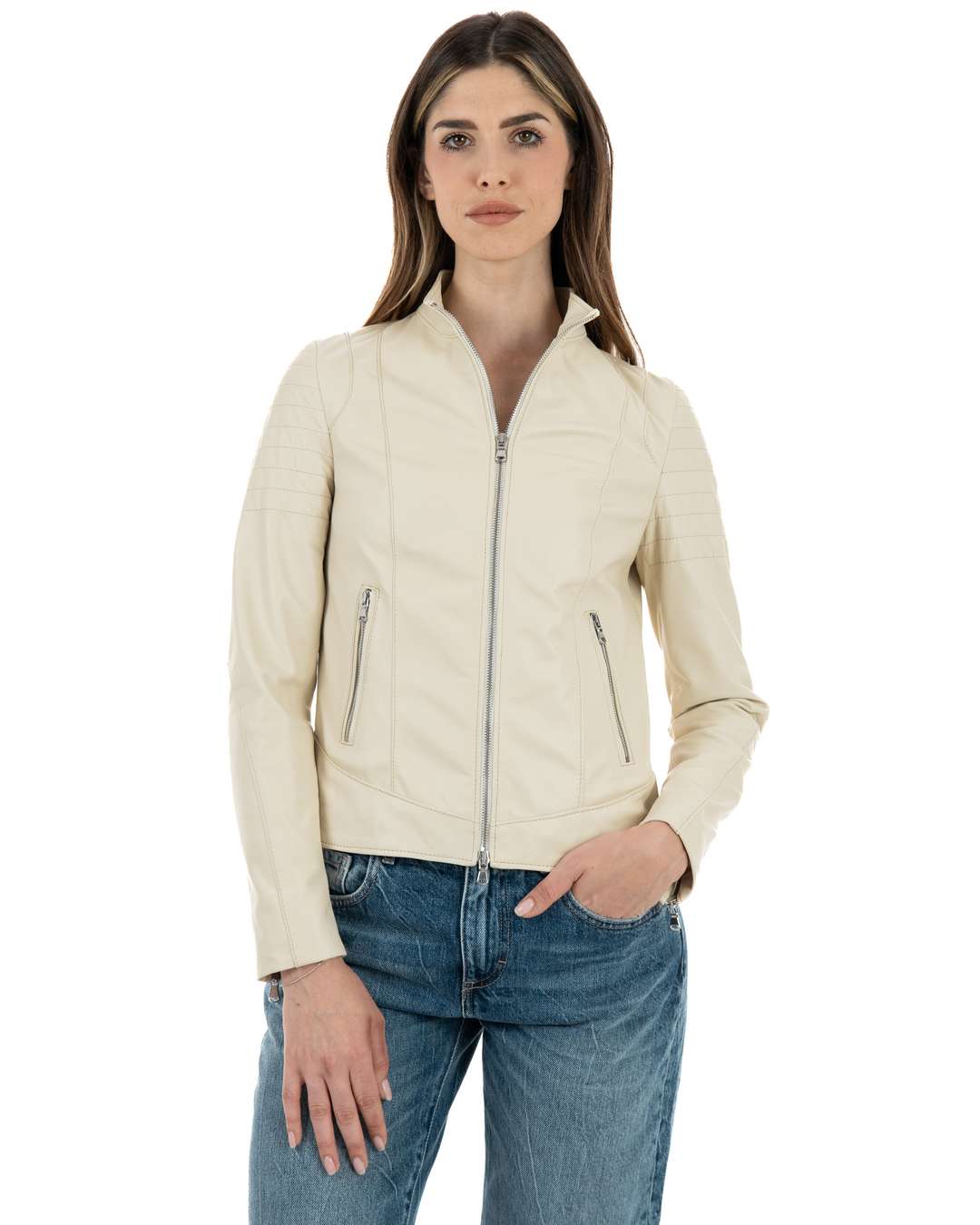Giacca Biker da donna in vera pelle panna