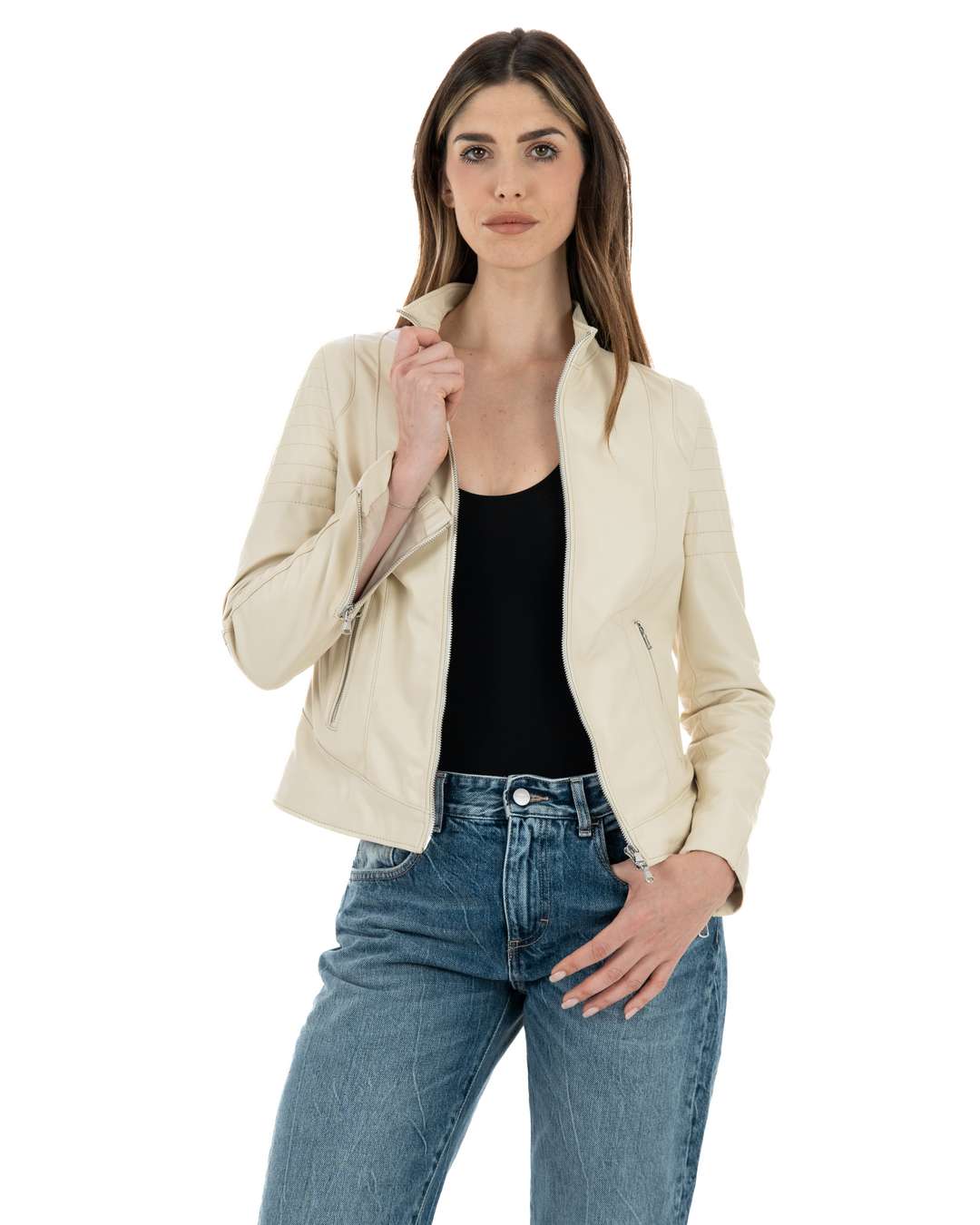 CLOE Giacca Biker da donna in vera pelle panna
