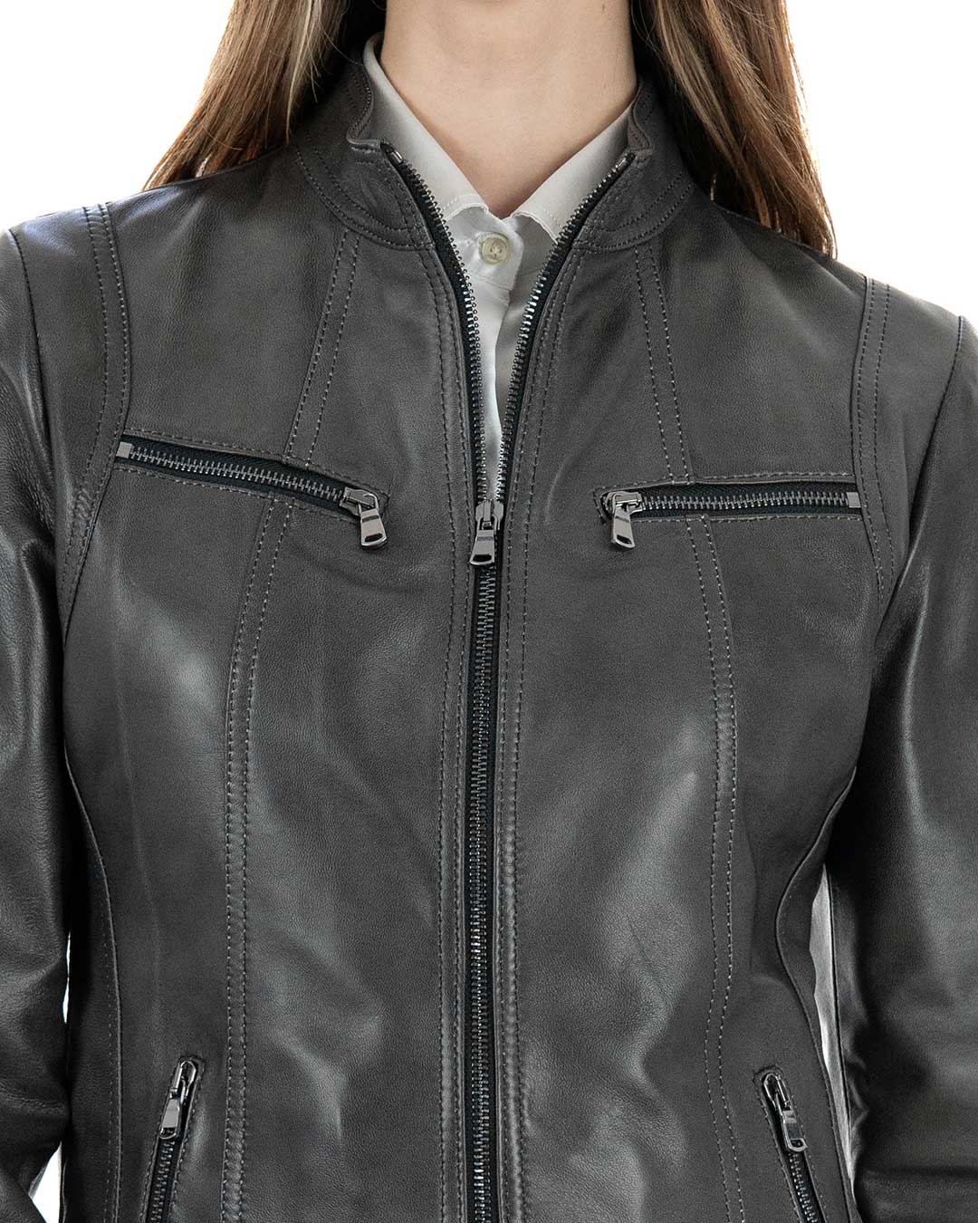 IOLE Giacca Biker da donna in vera pelle grigio effetto tamponato