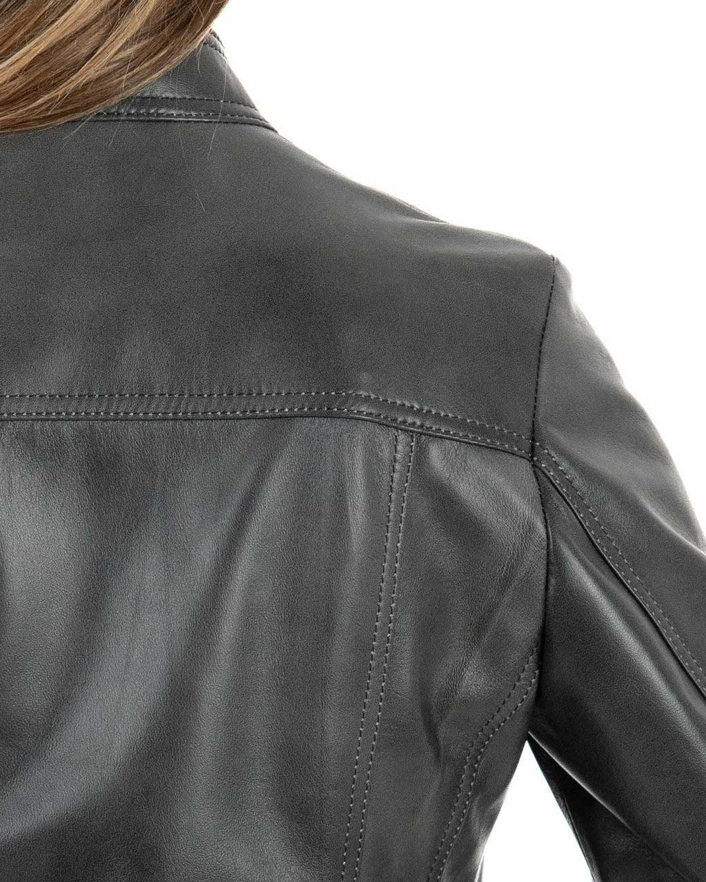 IOLE Giacca Biker da donna in vera pelle grigio effetto tamponato